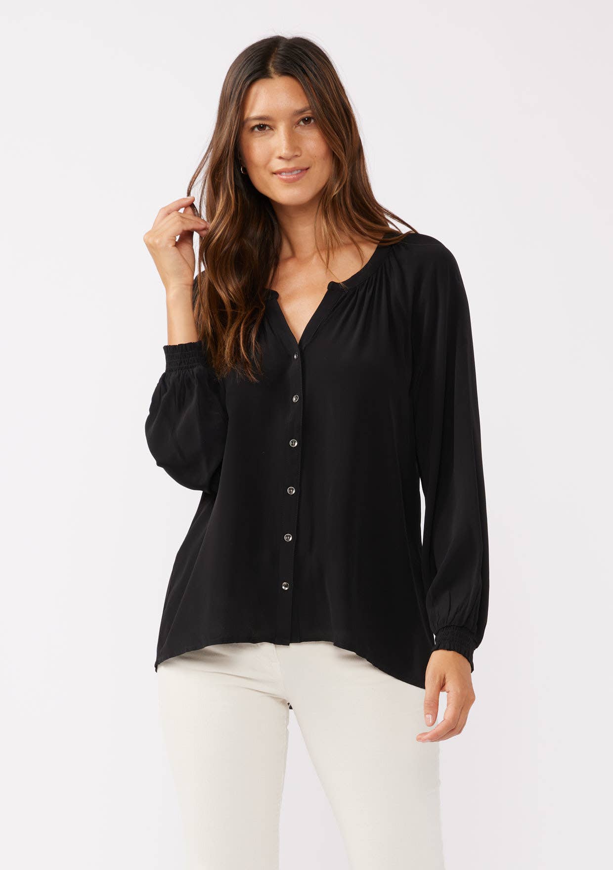 High Low Button Down Long Sleeve Blouse