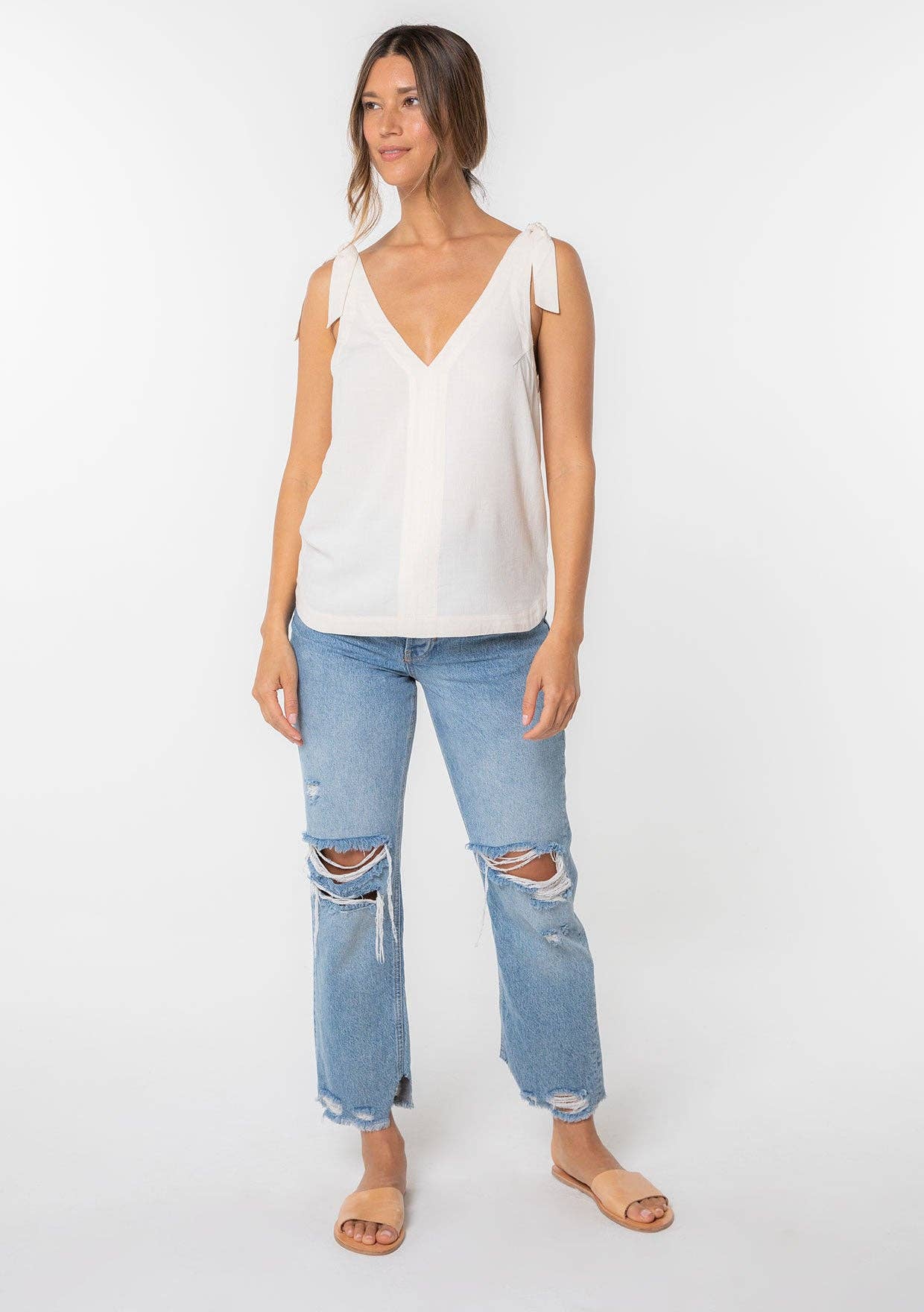 Linen Blend Double V Neck Tank Top