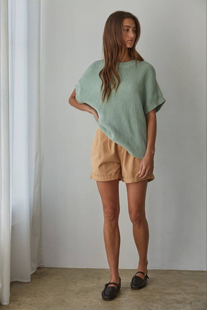 Knit Sweater Cotton Round Neck Short Sleeve Pullover