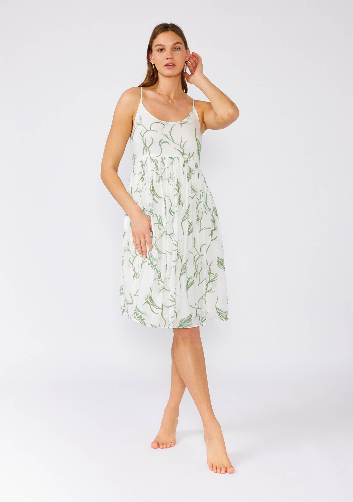 Palm Embroidered Spaghetti Strap White Empire Mini Dress