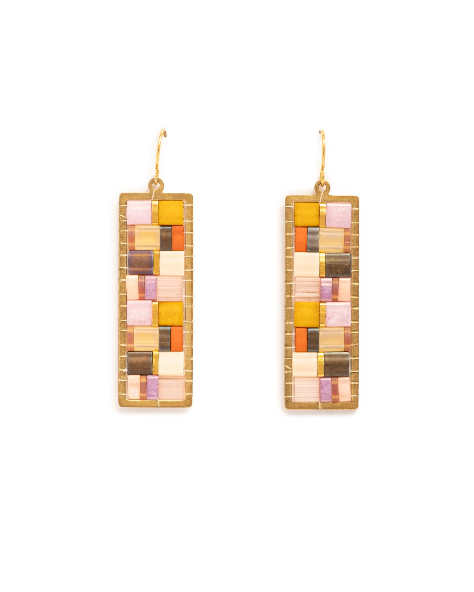 Beaded Handwoven Mosaic Tila and Brass Earrings (Lilac)