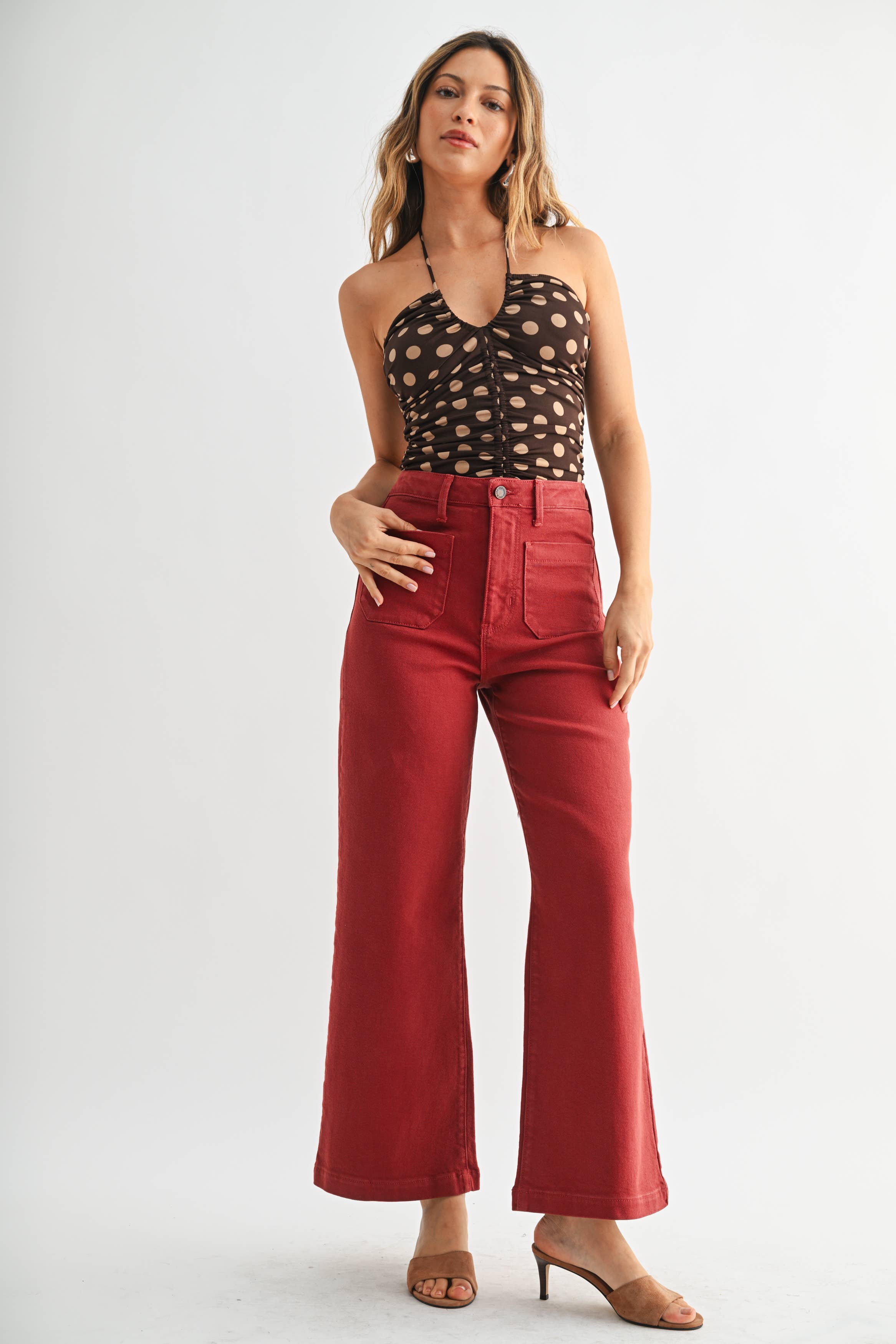 Patch Pocket Wide Leg Jean in Burgundy