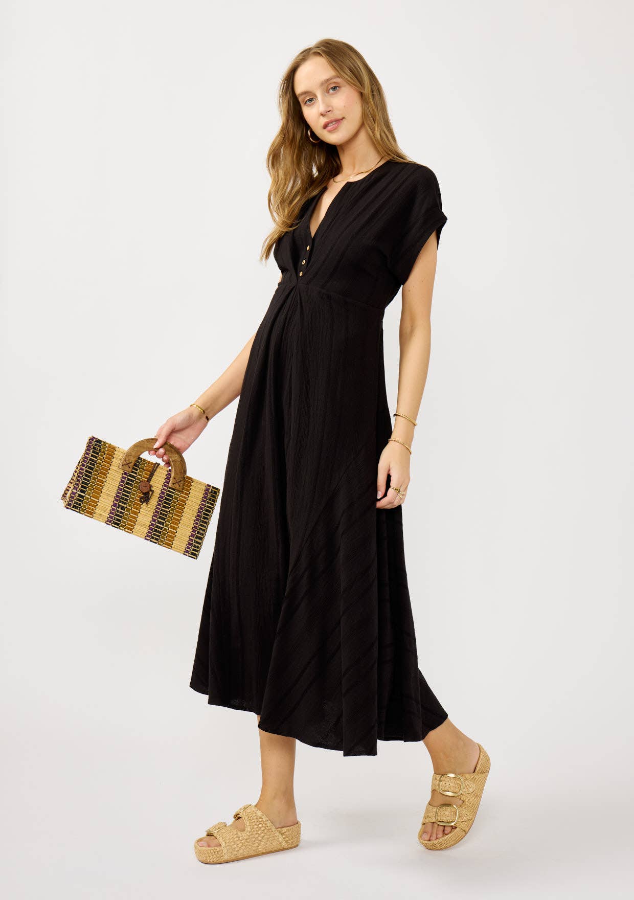 Pleated Panel Button Front Midi Dress