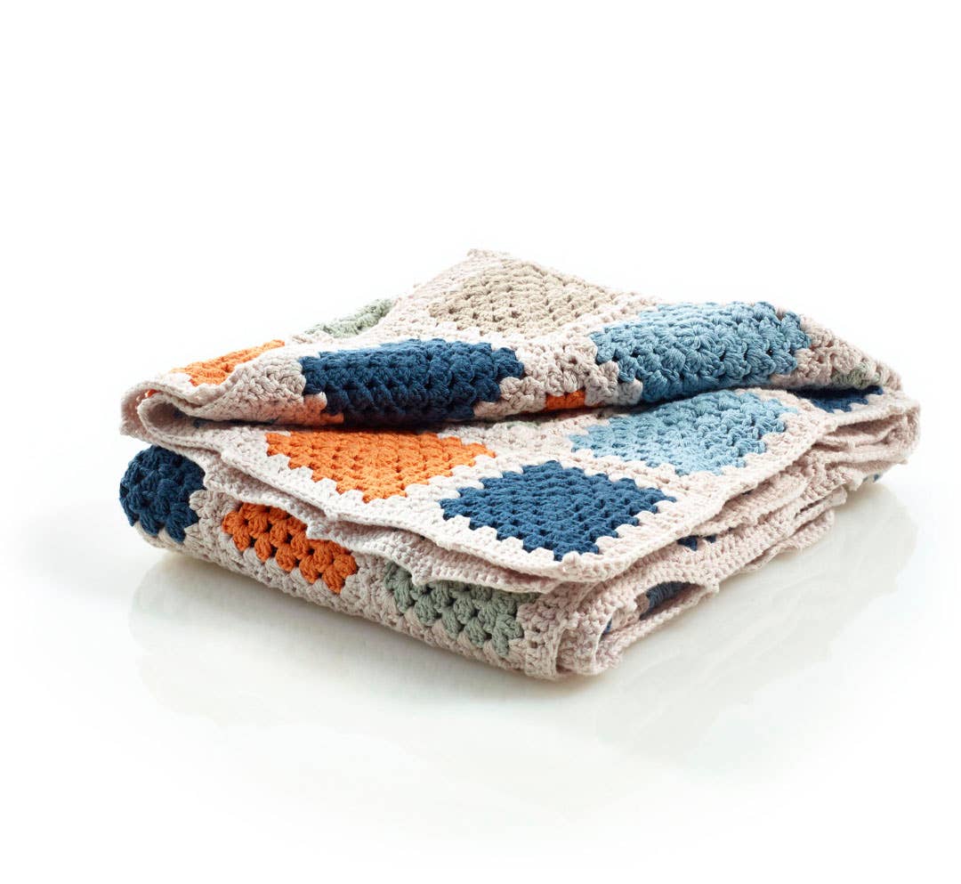 Handmade Granny Square Baby Blanket in Blue & Orange