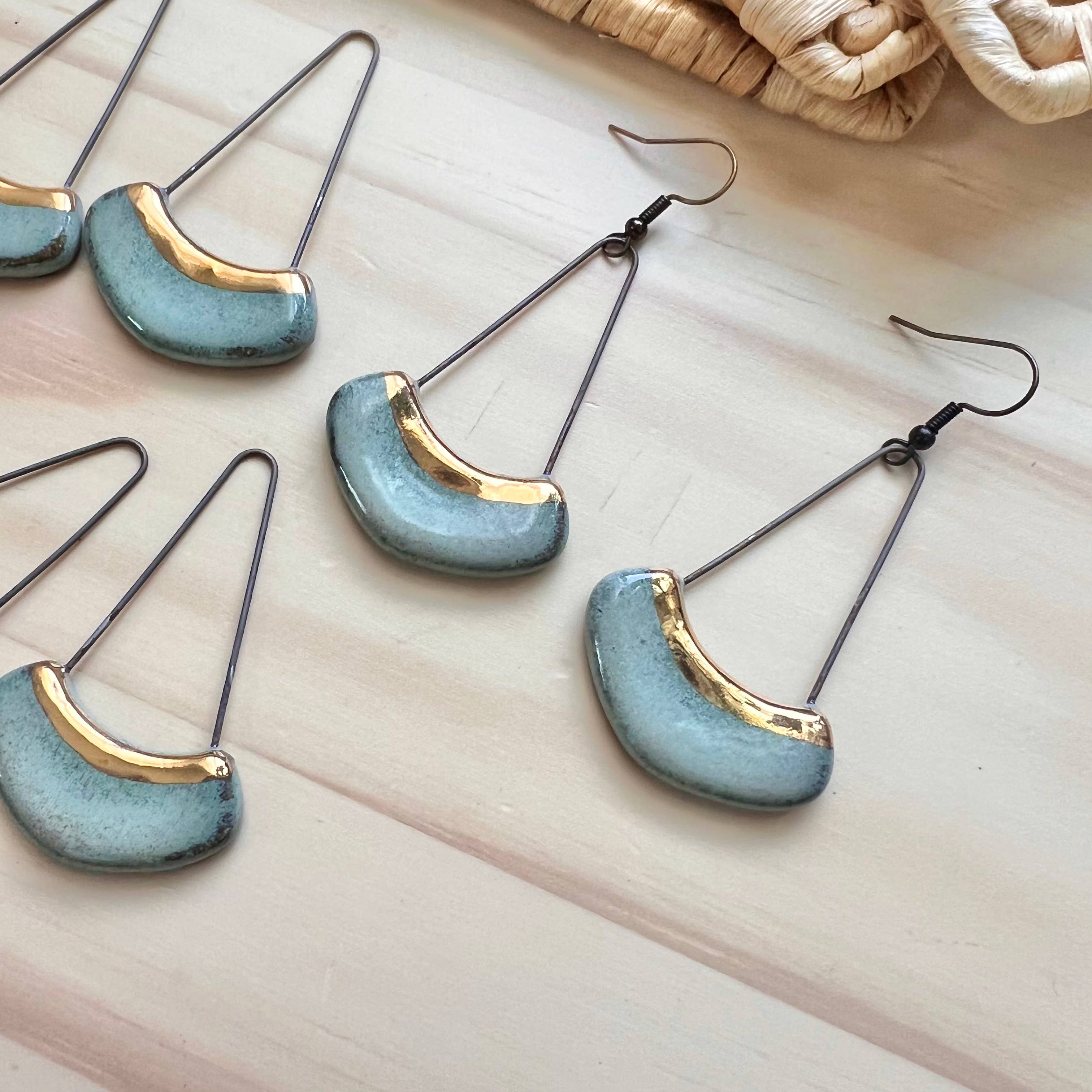 Turquoise Collar Ceramic Earrings with Gold Line