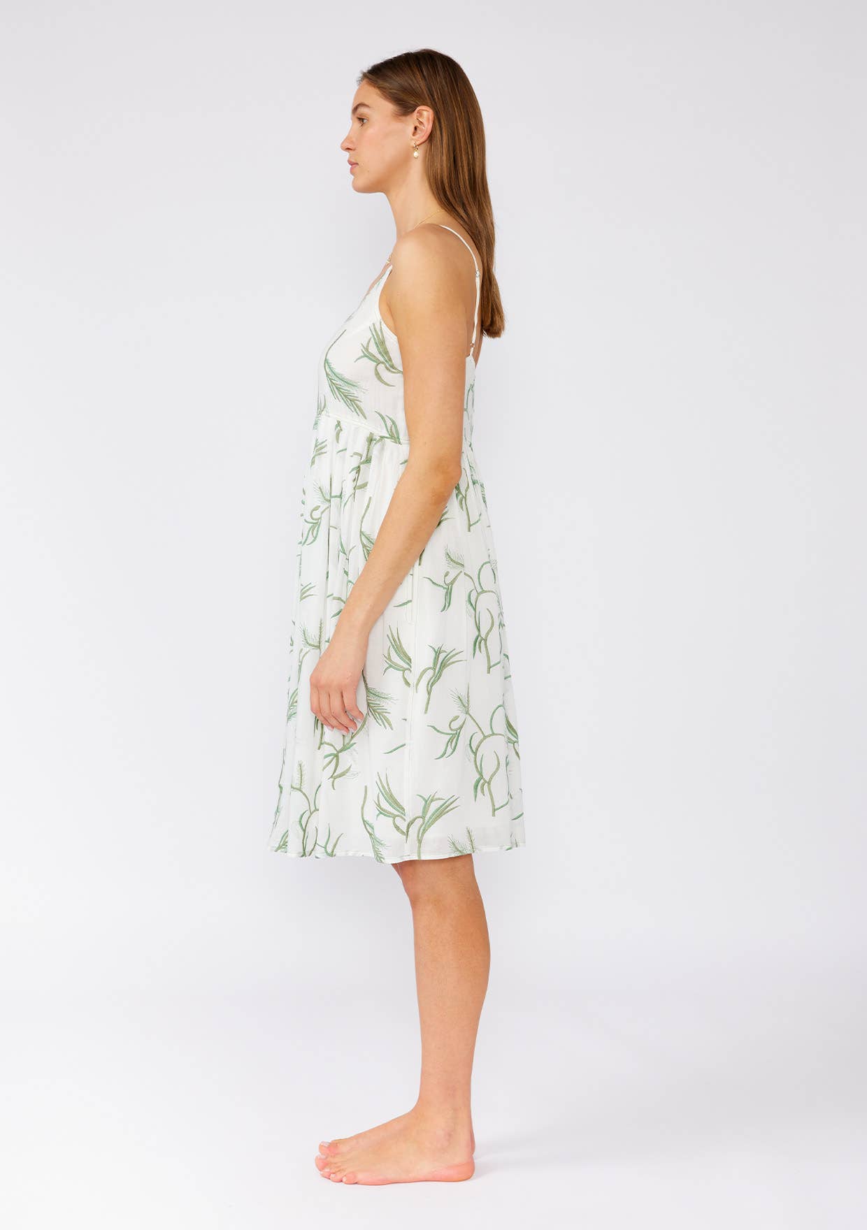 Palm Embroidered Spaghetti Strap White Empire Mini Dress