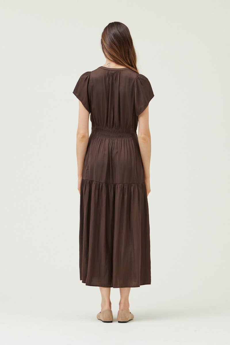 RUFFLE SATIN MIDI DRESS