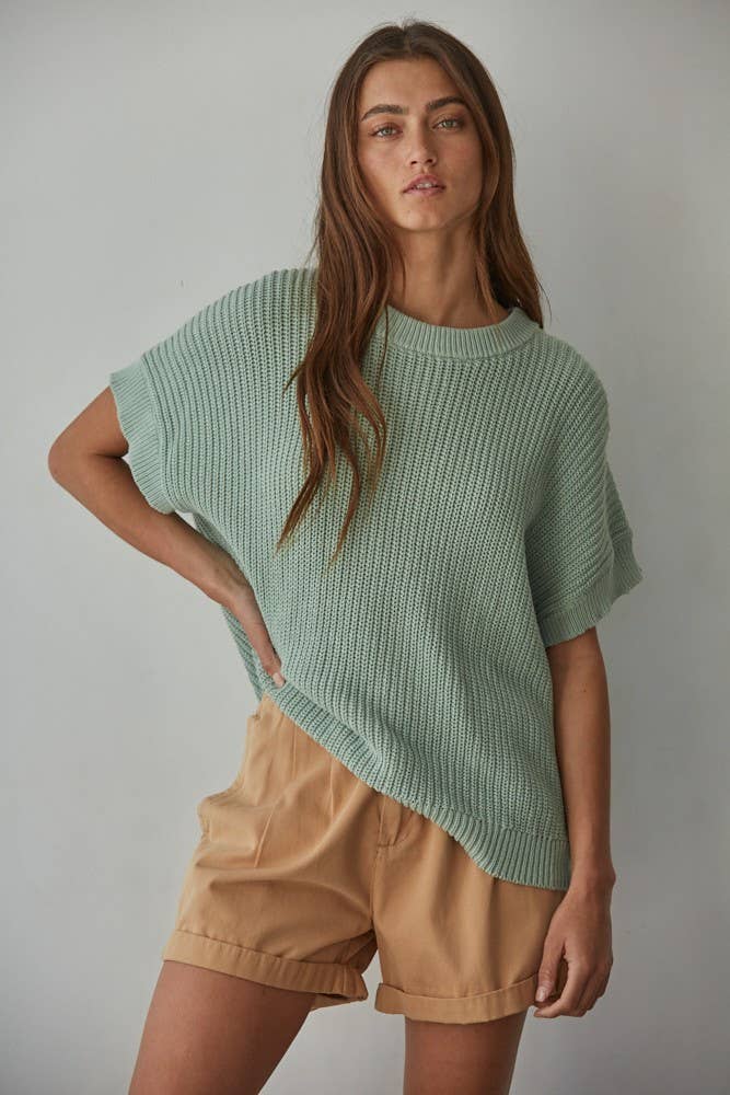 Knit Sweater Cotton Round Neck Short Sleeve Pullover