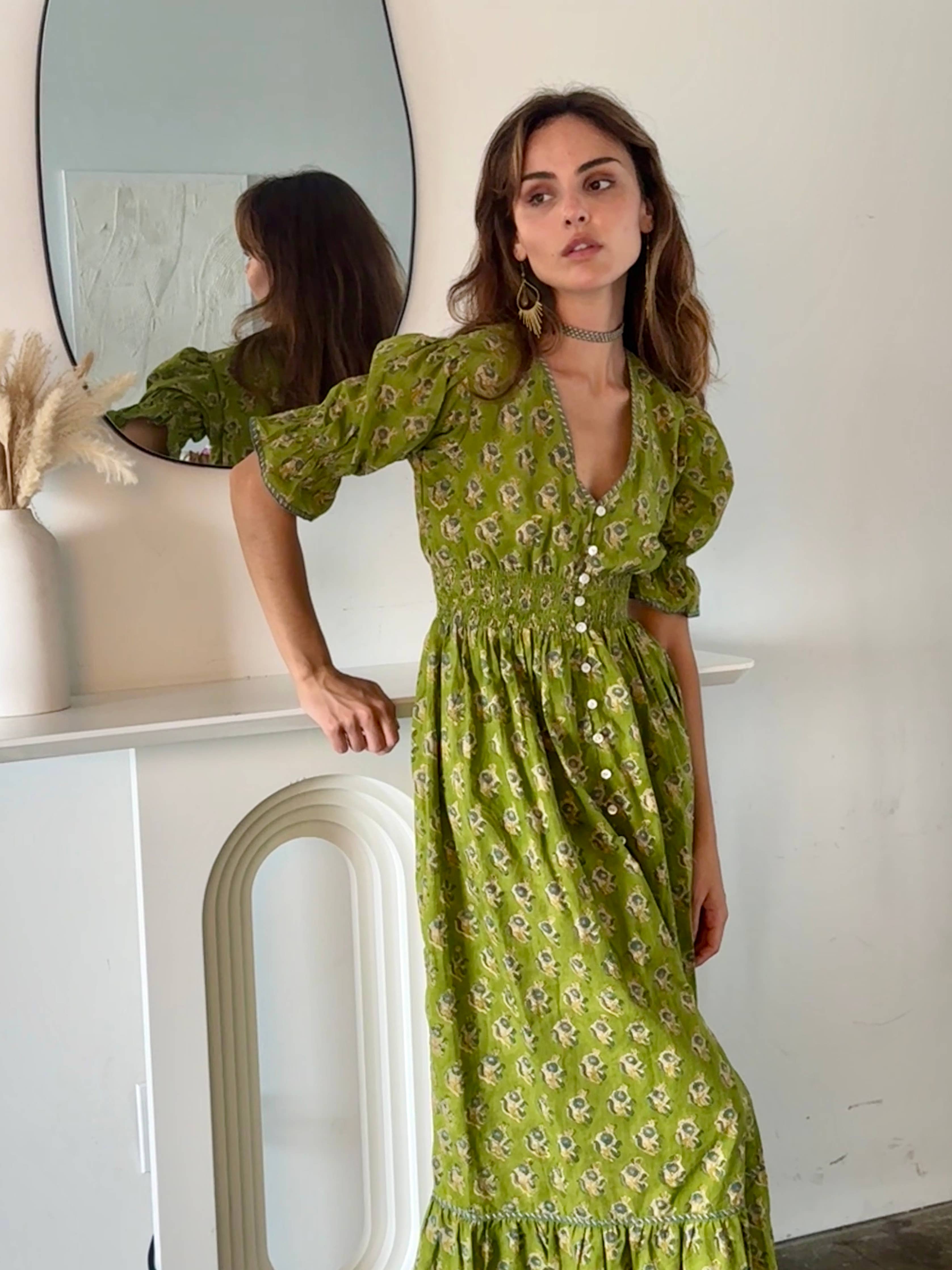 Tatiana Block Printed Dress (Olive)