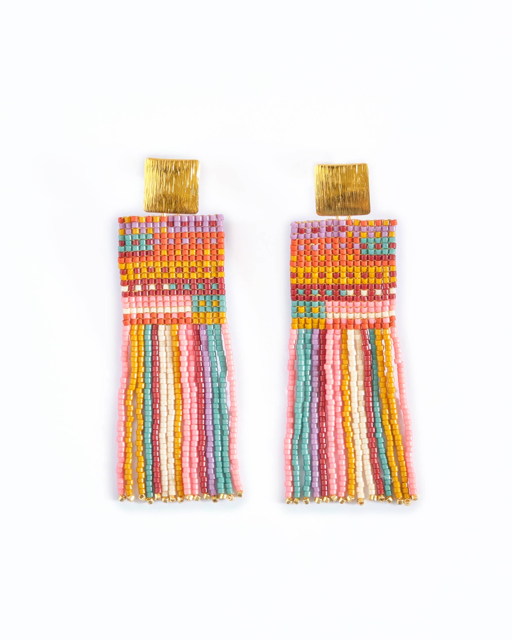 Beaded Handwoven Striped Knit Fringe Earrings (Warmed Earth)
