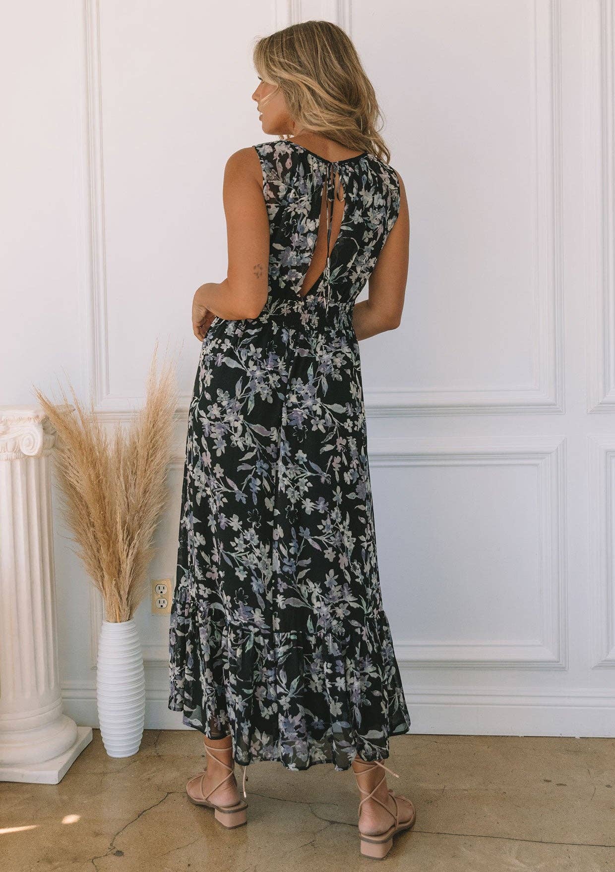 Floral Sleeveless Round Neck Open Back Maxi Dress