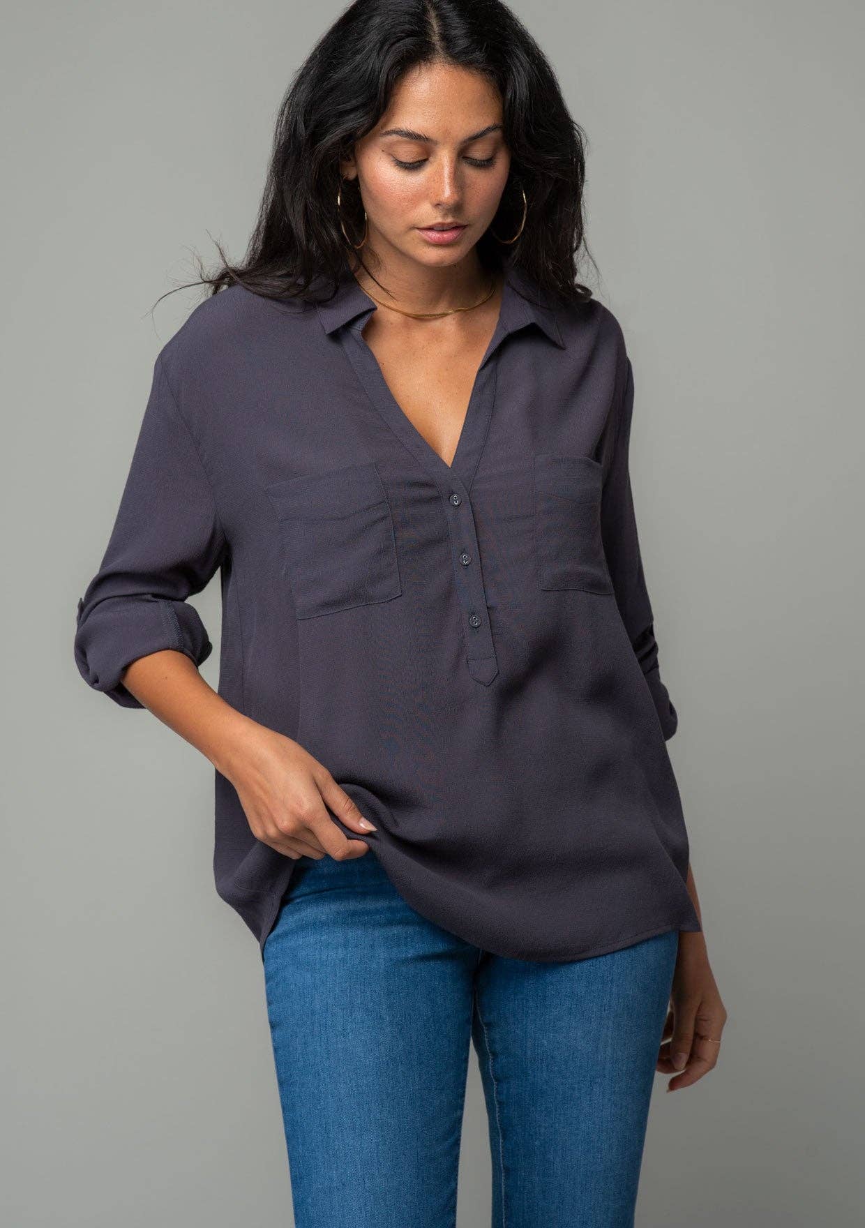 Collared Roll-Up Long Sleeve Button Front Blouse