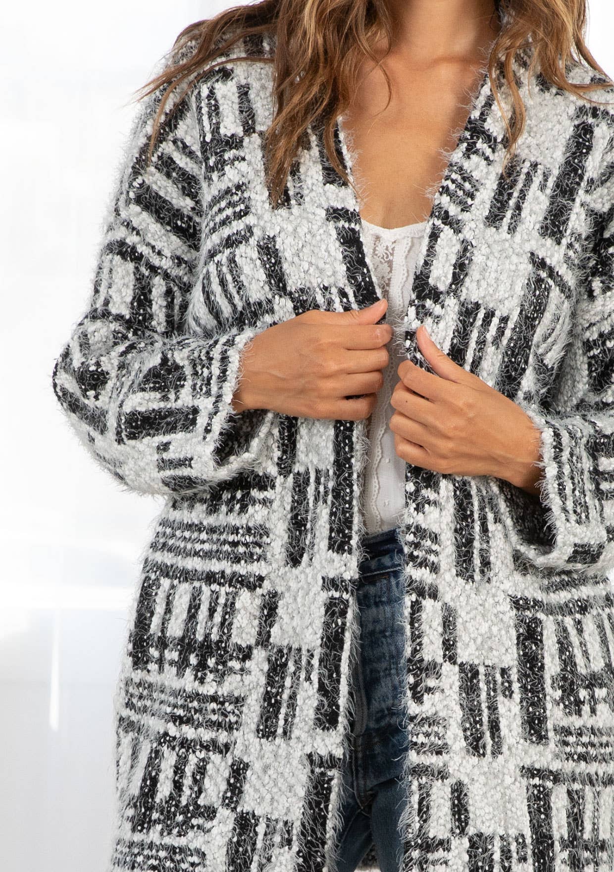 Black and White Fuzzy Long Sleeve Cardigan