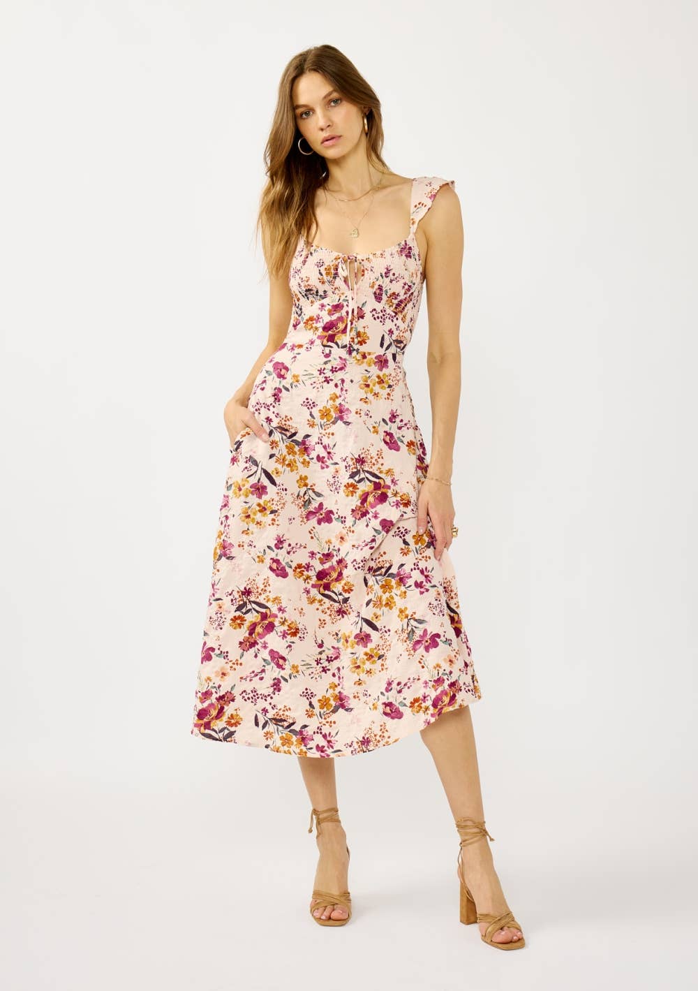 Lace-Up Smocked Bodice Midi Dress