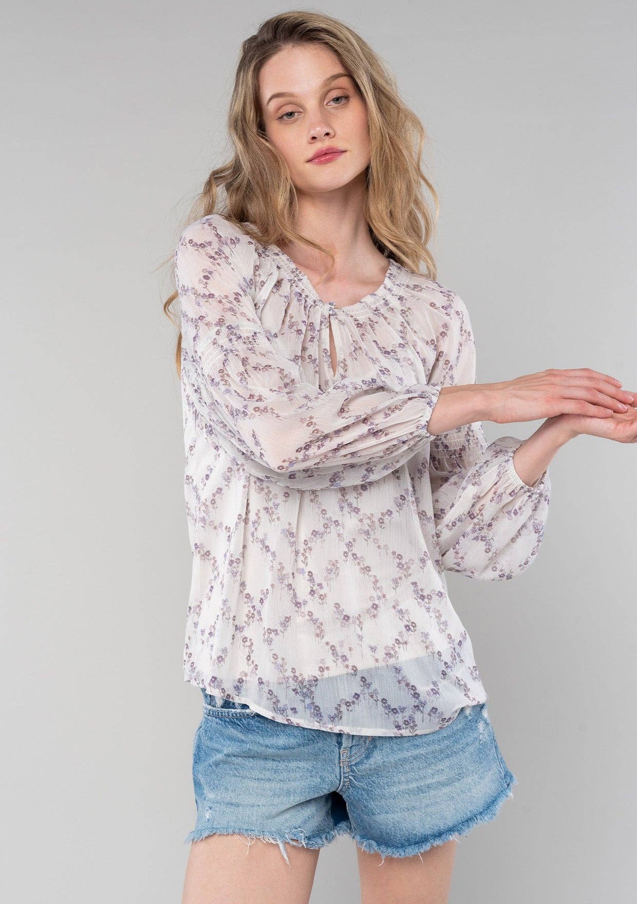 Floral Smocked Raglan Bishop Sleeve Blouse