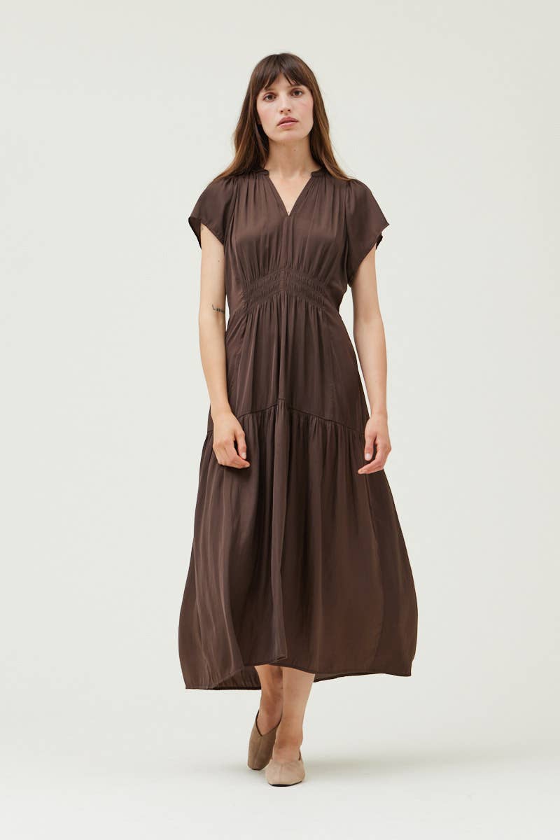 RUFFLE SATIN MIDI DRESS