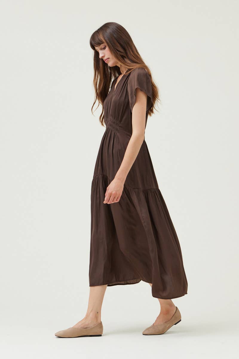 RUFFLE SATIN MIDI DRESS