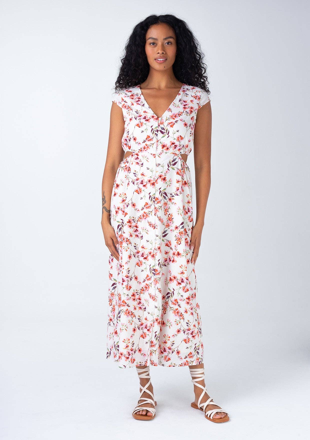 Floral Cap Sleeve Button Down Cut Out Midi Dress