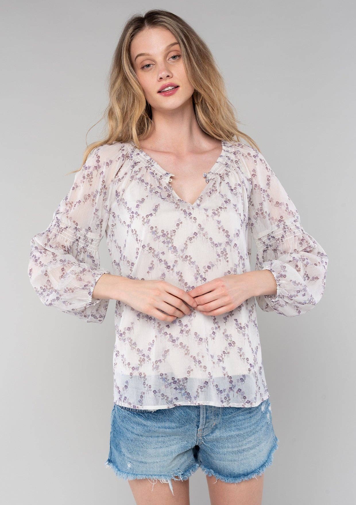 Floral Smocked Raglan Bishop Sleeve Blouse