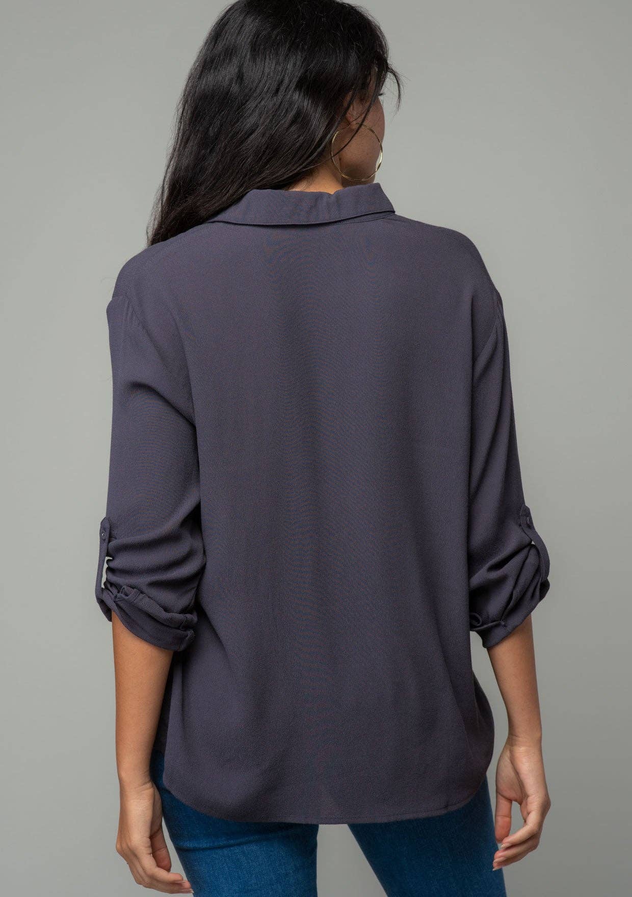 Collared Roll-Up Long Sleeve Button Front Blouse