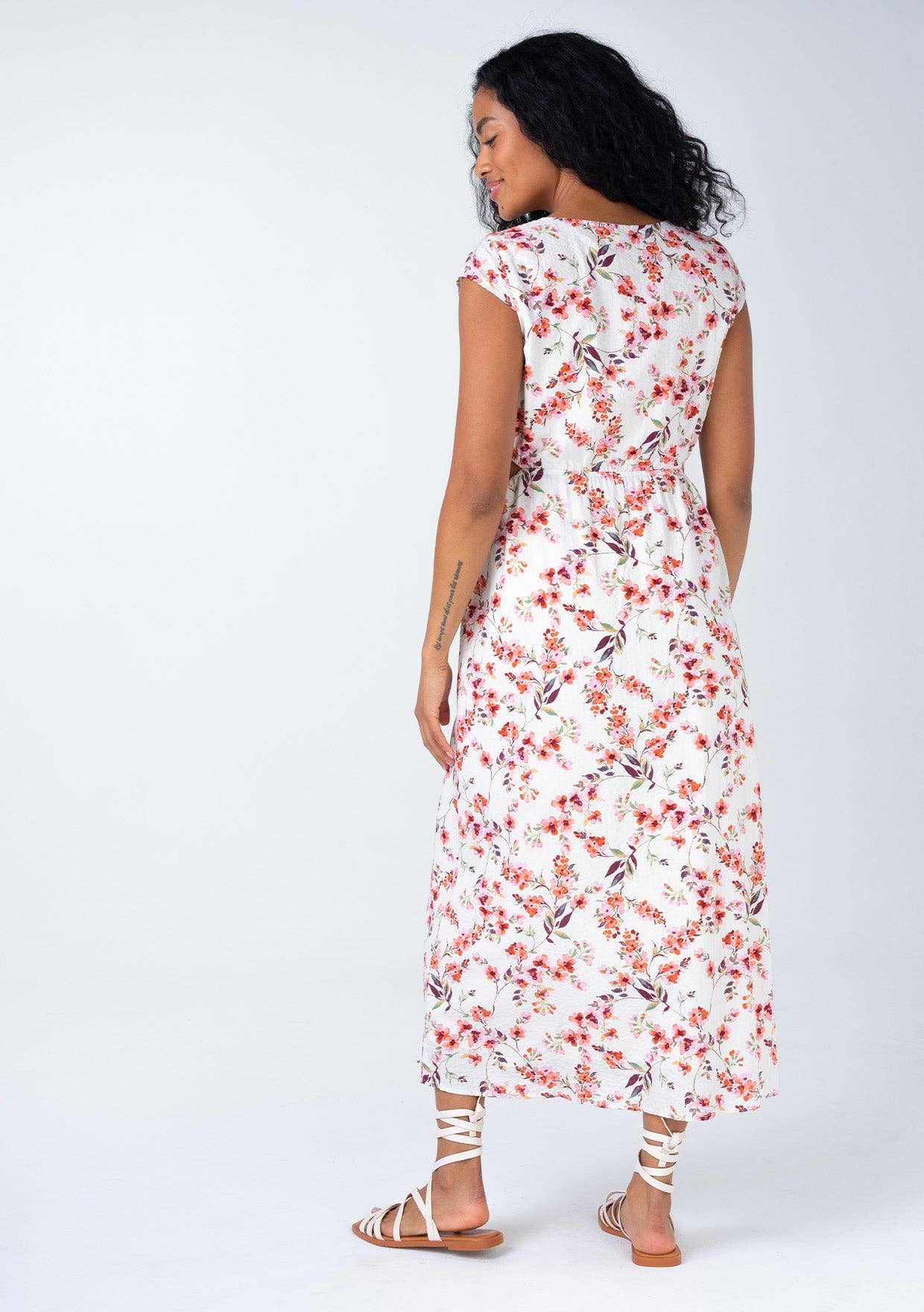 Floral Cap Sleeve Button Down Cut Out Midi Dress