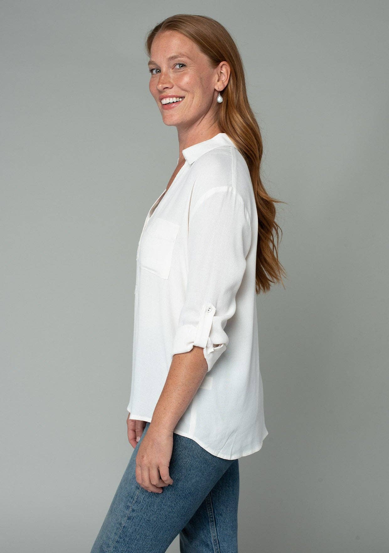 Collared Roll-Up Long Sleeve Button Front Blouse
