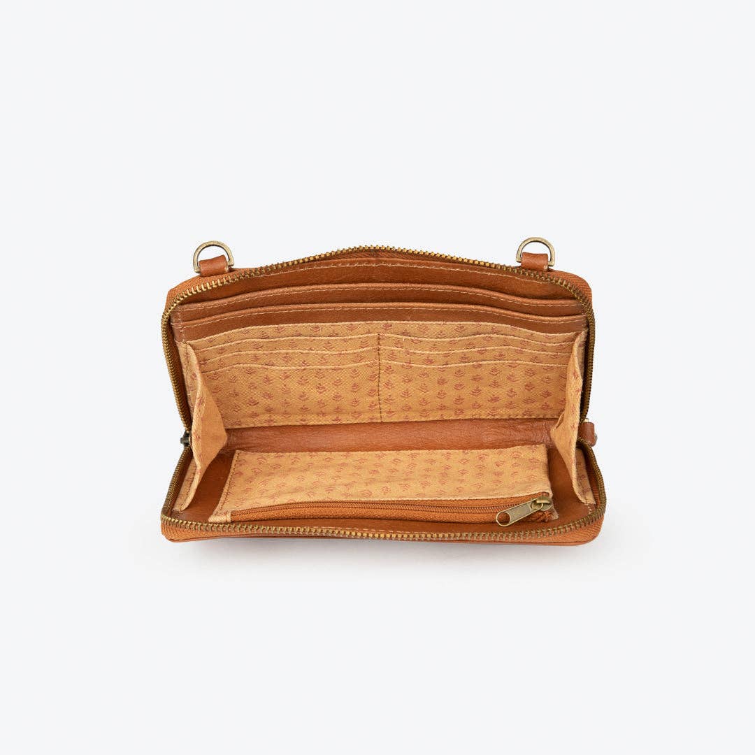 Pebbled Leather Crossbody Wallet - Camel