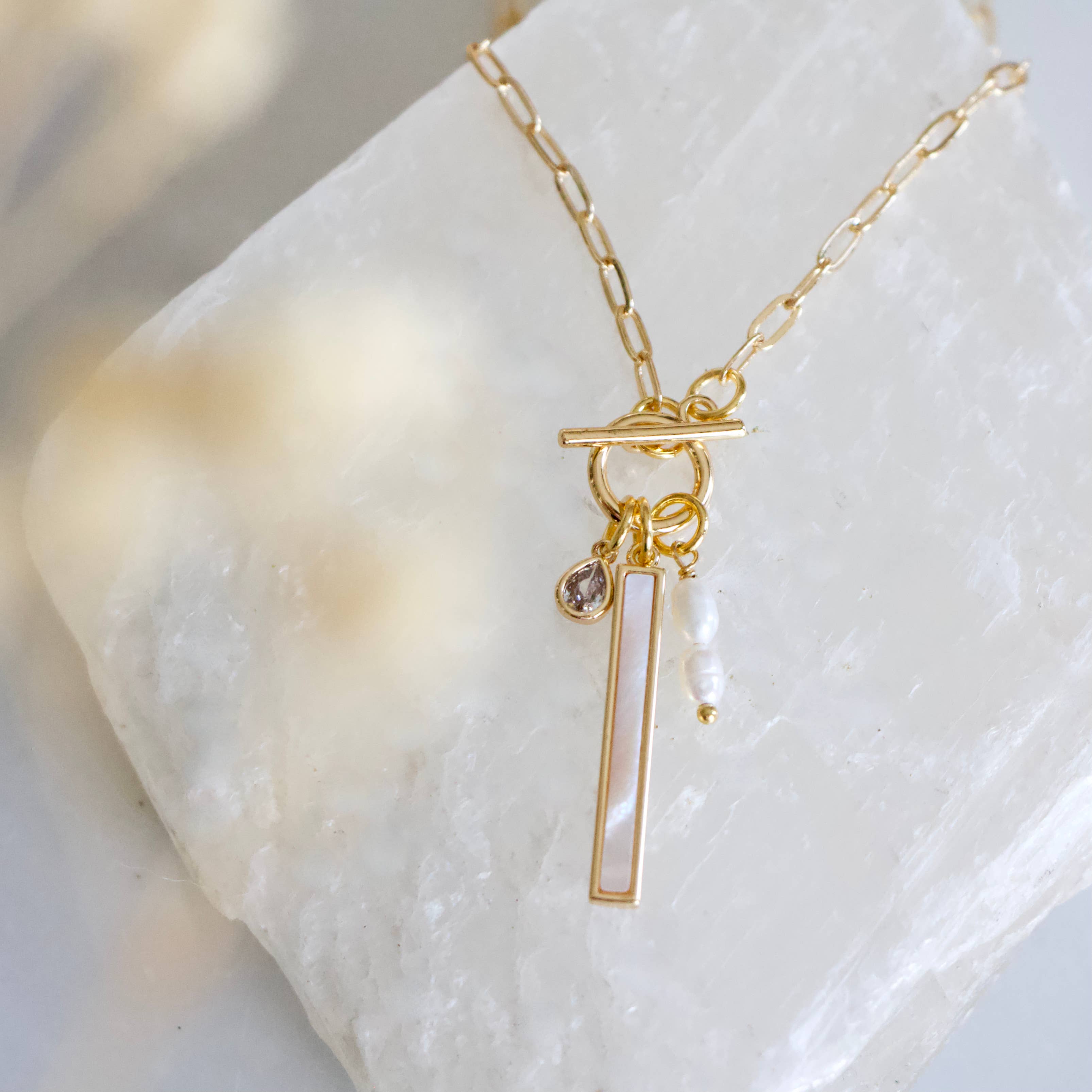 CZ, Mother of Pearl, Freshwater Pearl,Charm Toggle Necklace