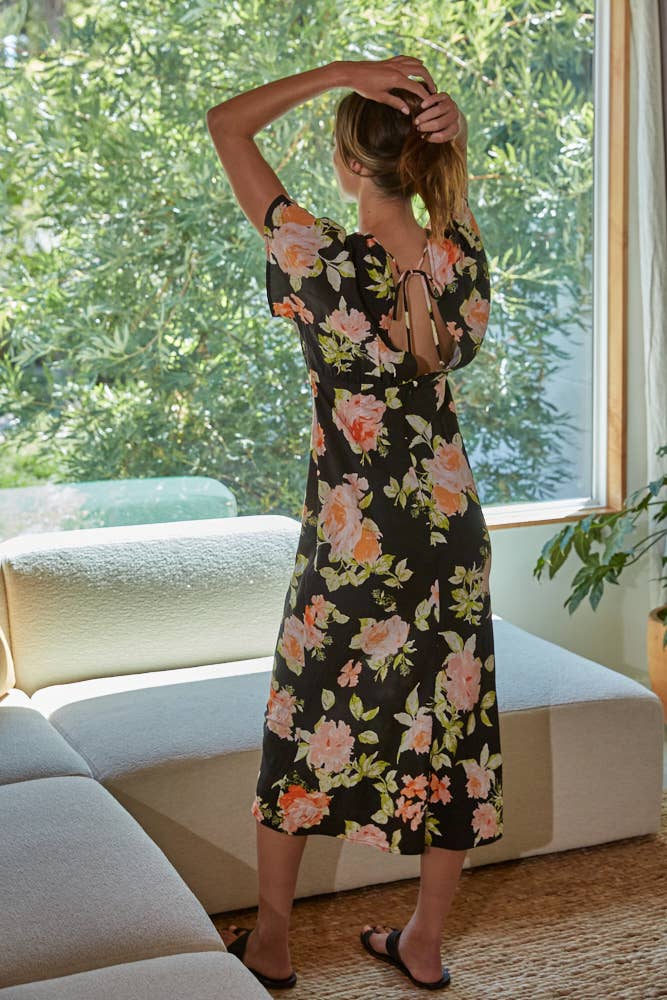 Floral Print Plunged V-Neck Midi Pencil Dress