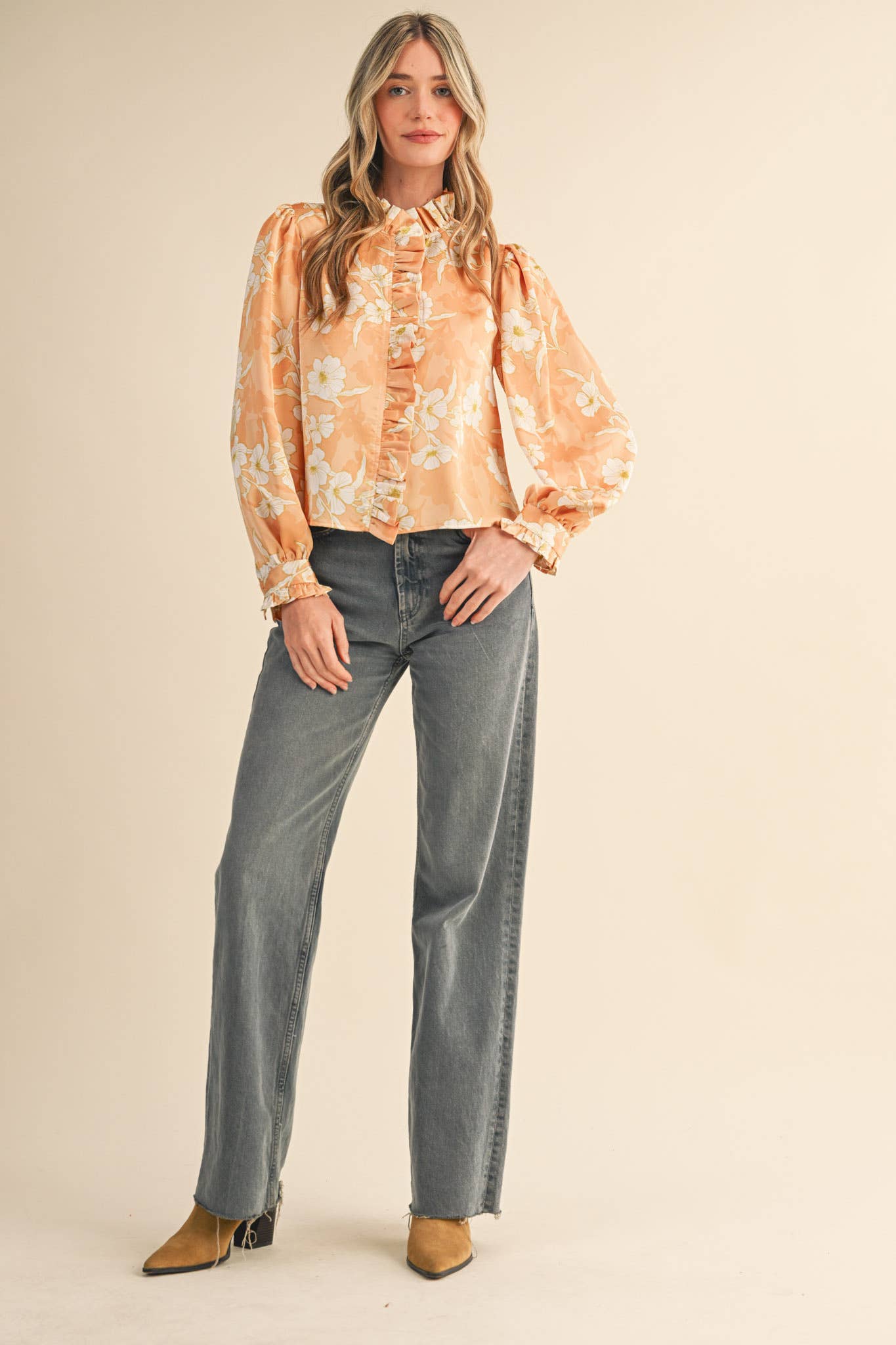 Floral Print Ruffled Button Down Top