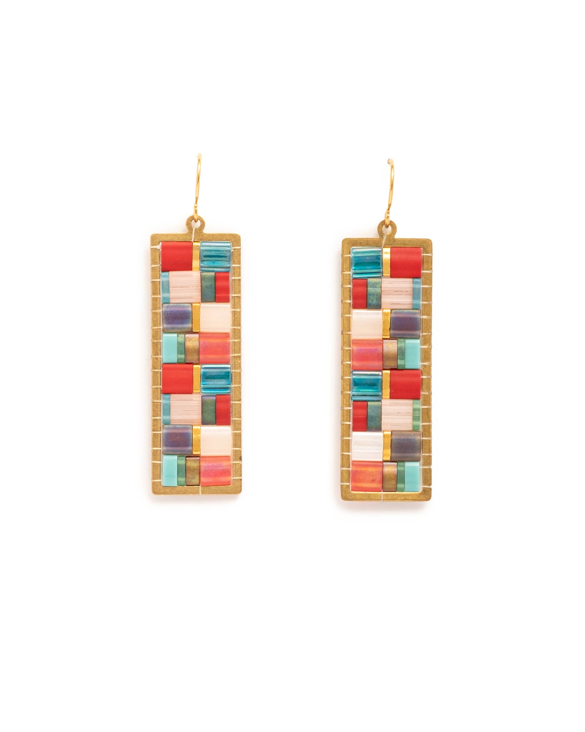 Beaded Handwoven Mosaic Tila and Brass Earrings (Aqua/Red)