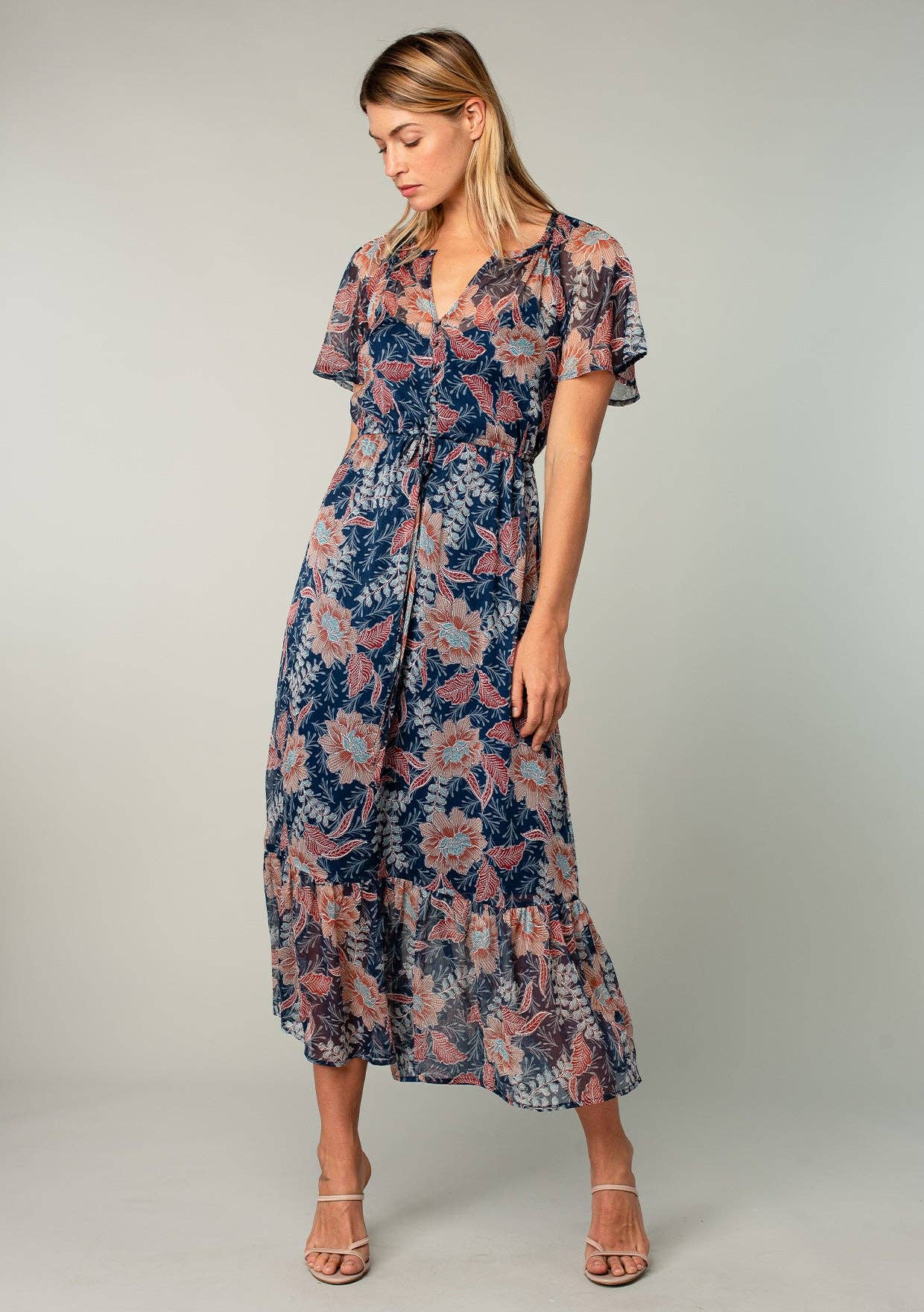 Floral Chiffon Flutter Sleeve Tiered Maxi Dress