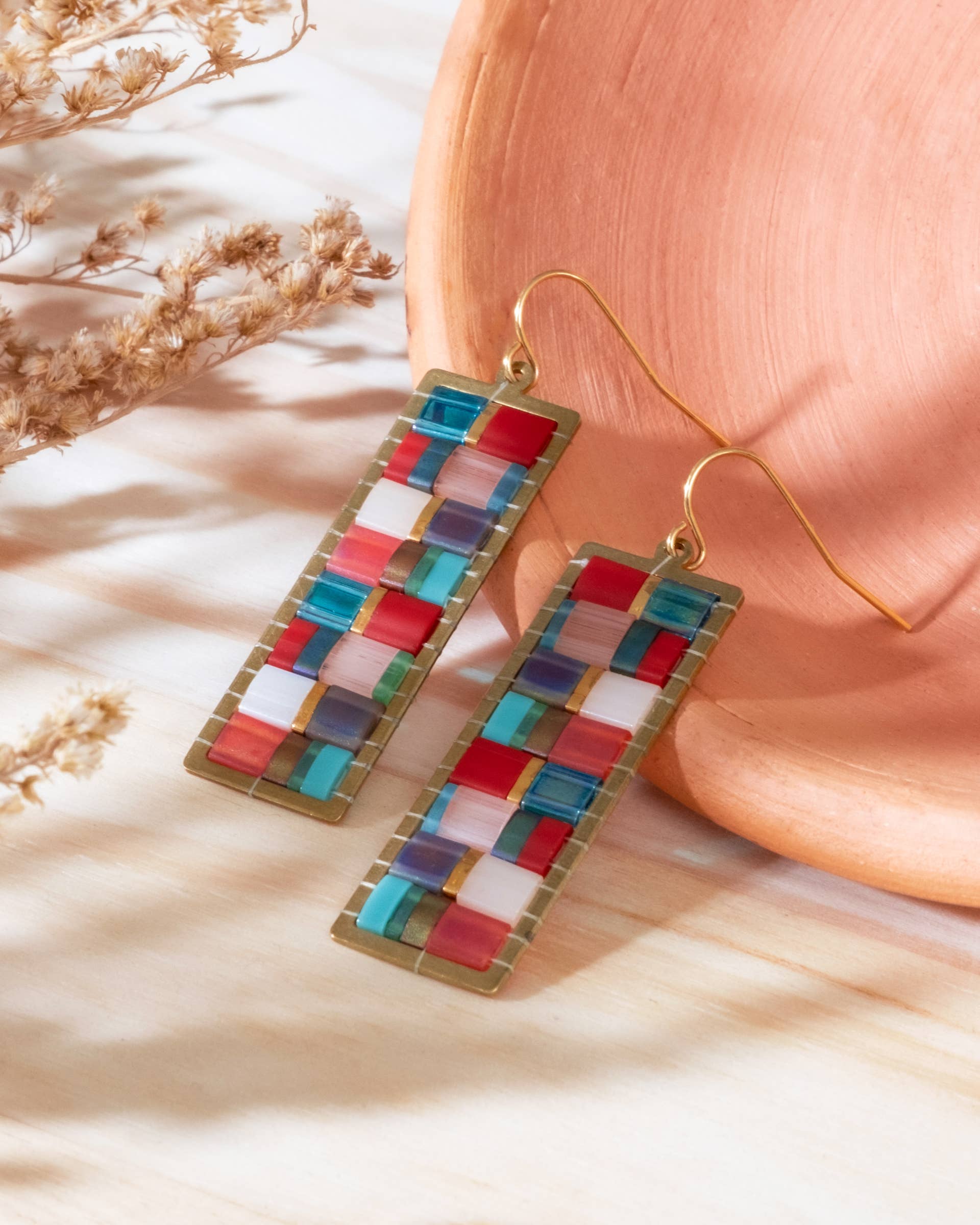 Beaded Handwoven Mosaic Tila and Brass Earrings (Aqua/Red)