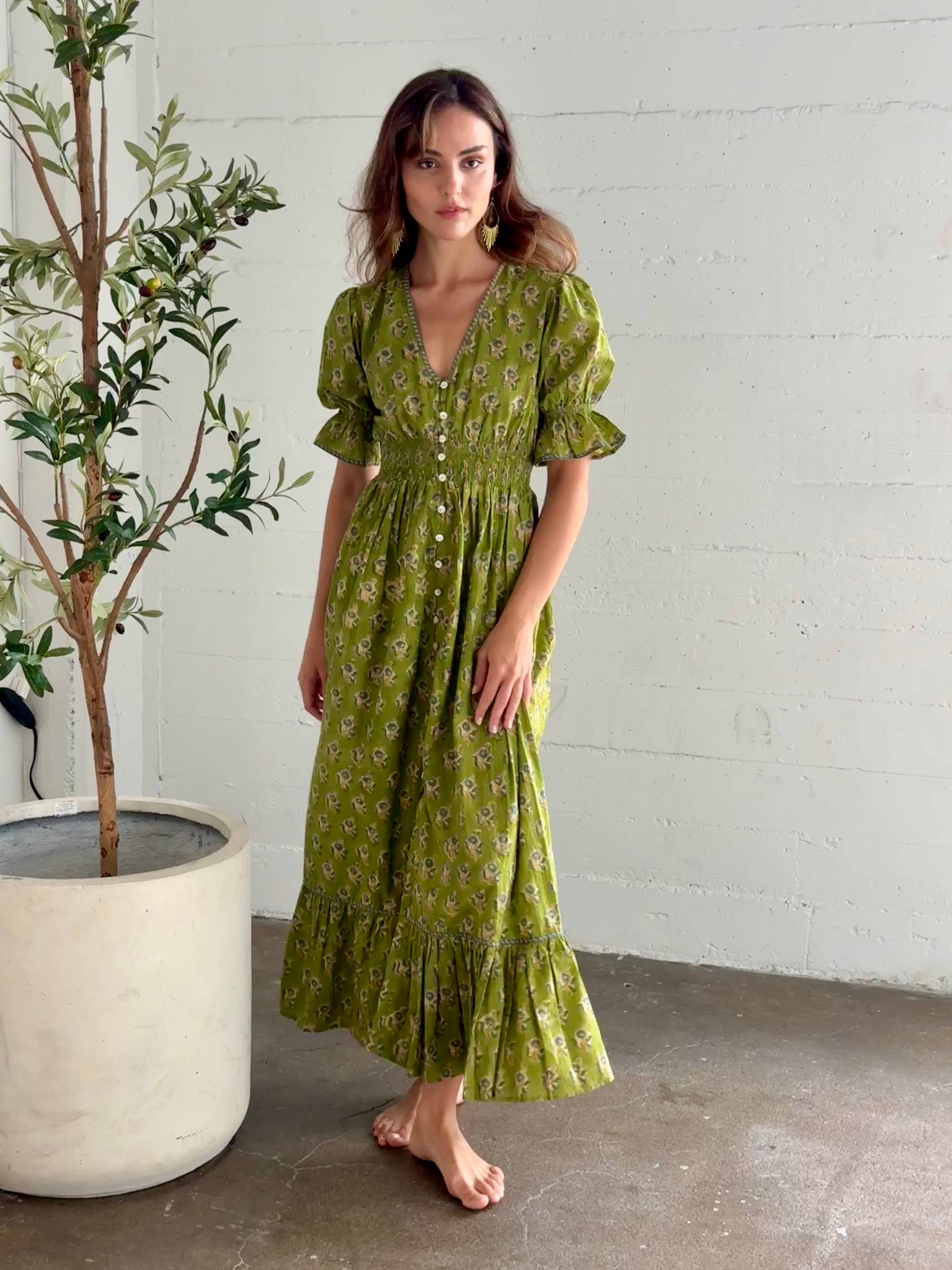 Tatiana Block Printed Dress (Olive)