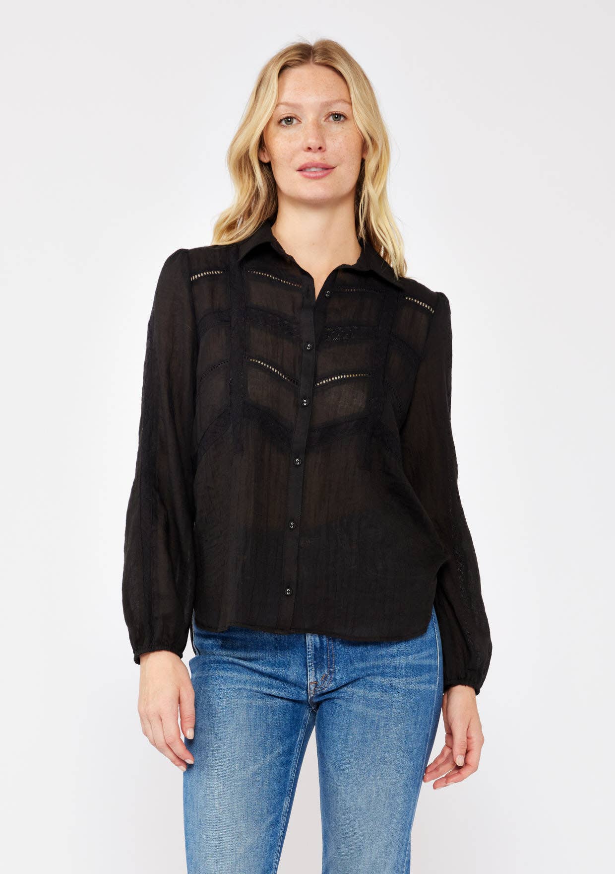 Crinkled Lace Long Sleeve Button Down Blouse