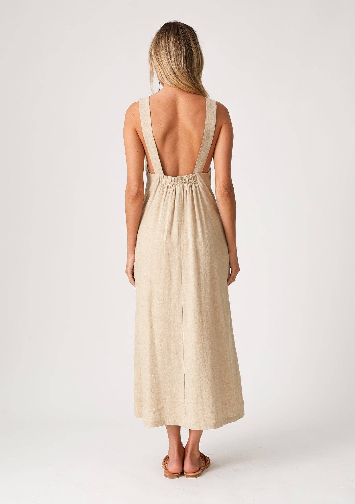 Linen Blend Sleeveless V Neck Midi Dress