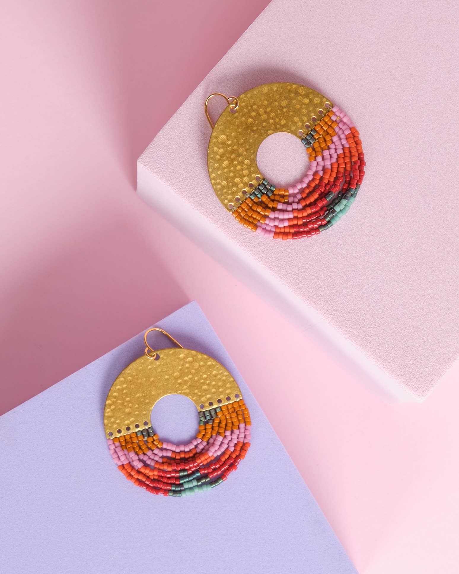 Beaded Handwoven Organic Circular Fringe Earrings (Lilac)