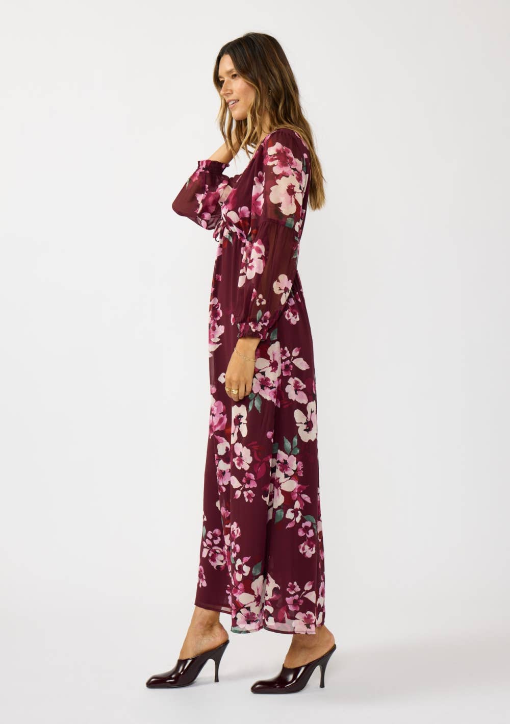 Floral V-Neck Drawstring Waist Maxi Dress