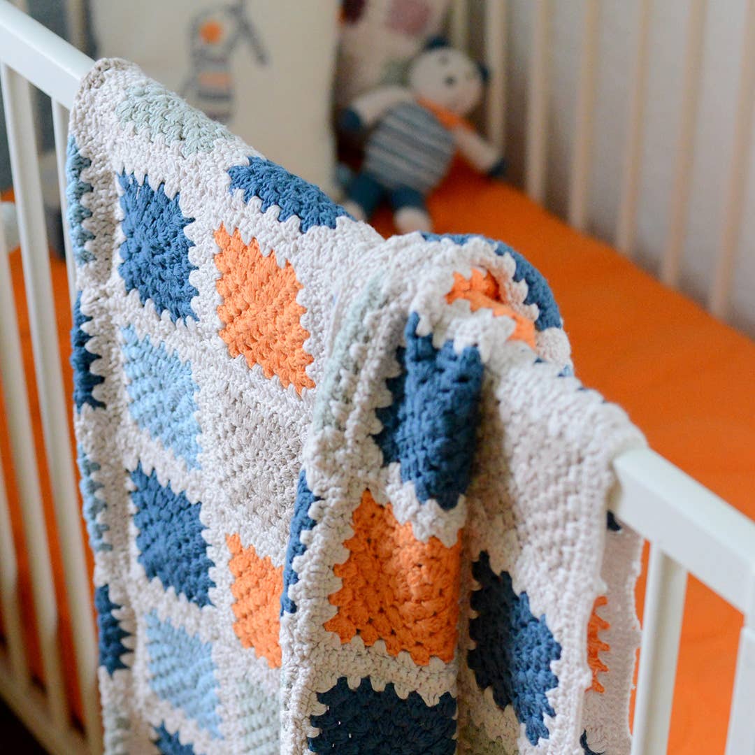 Handmade Granny Square Baby Blanket in Blue & Orange
