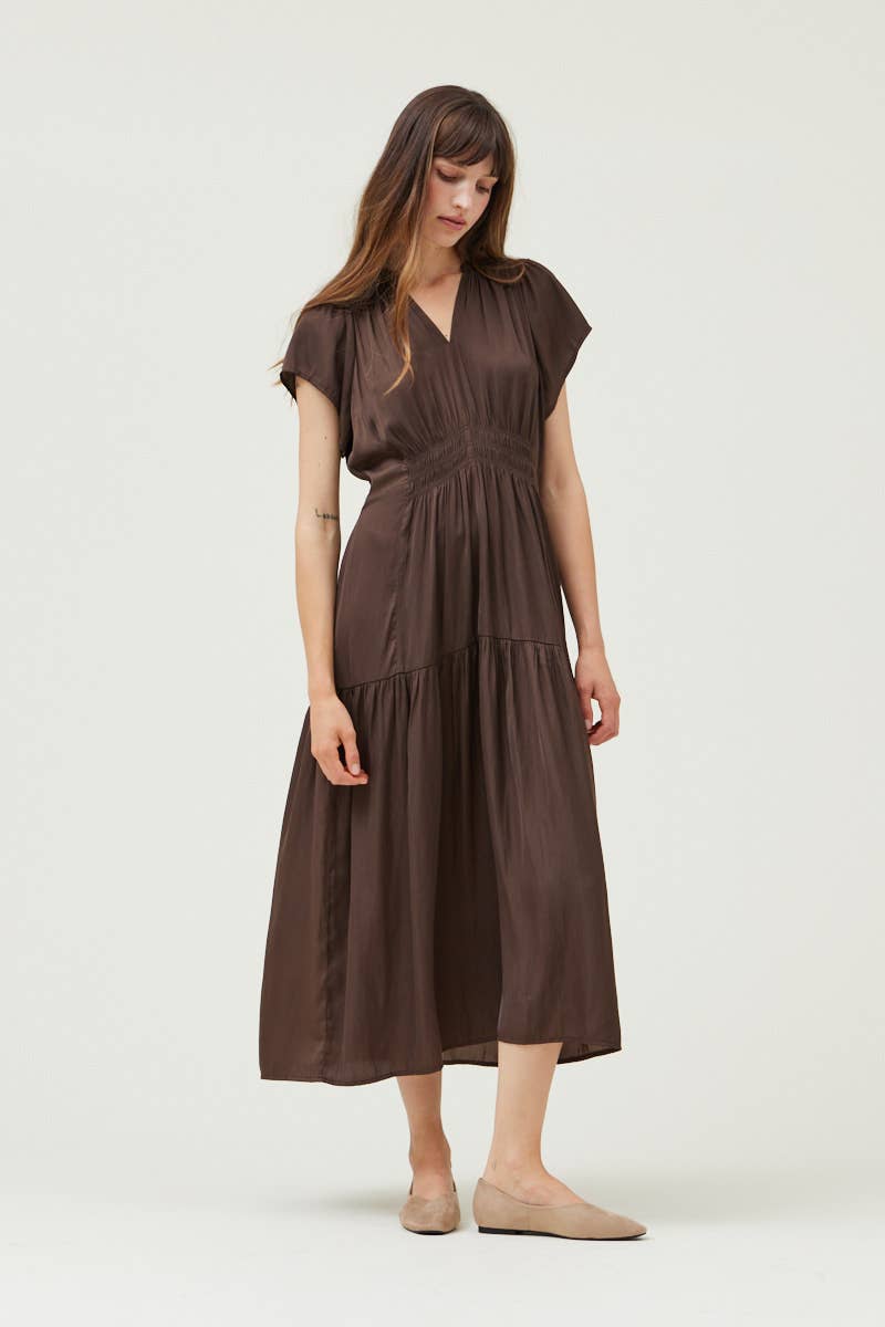 RUFFLE SATIN MIDI DRESS