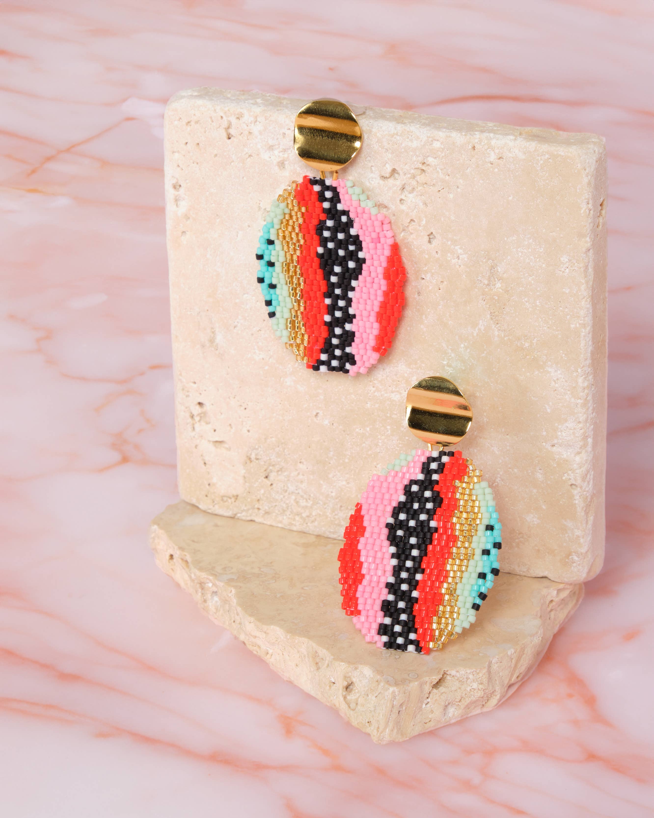 Beaded Handwoven Organic Oval Drop Earrings (Red)