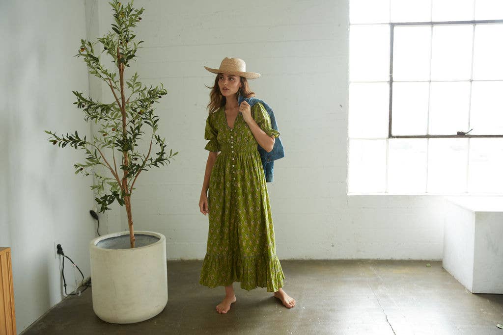 Tatiana Block Printed Dress (Olive)