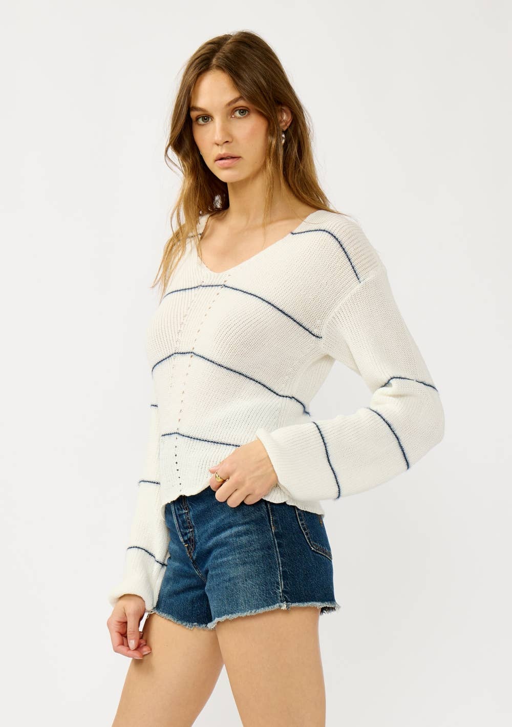 V Neck Fuzzy Stripe Sweater