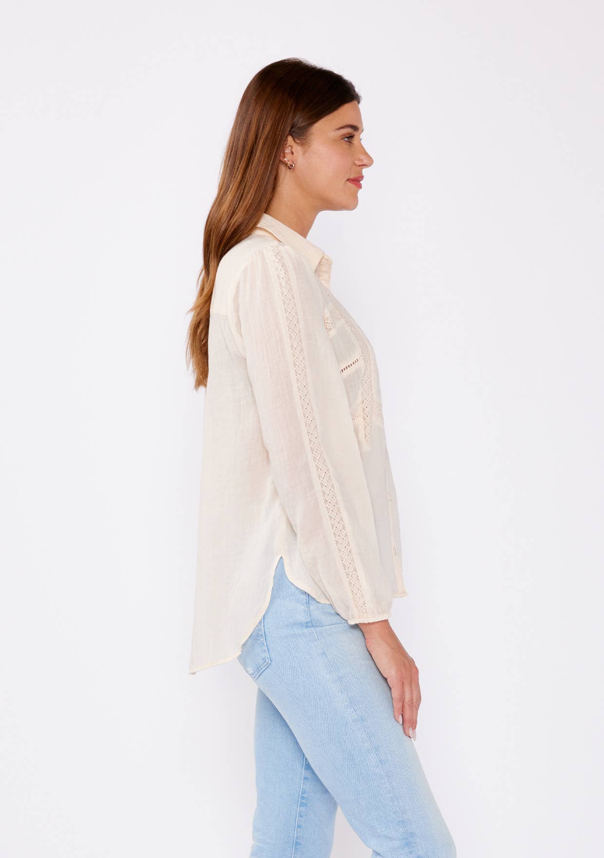 Crinkled Lace Long Sleeve Button Down Blouse