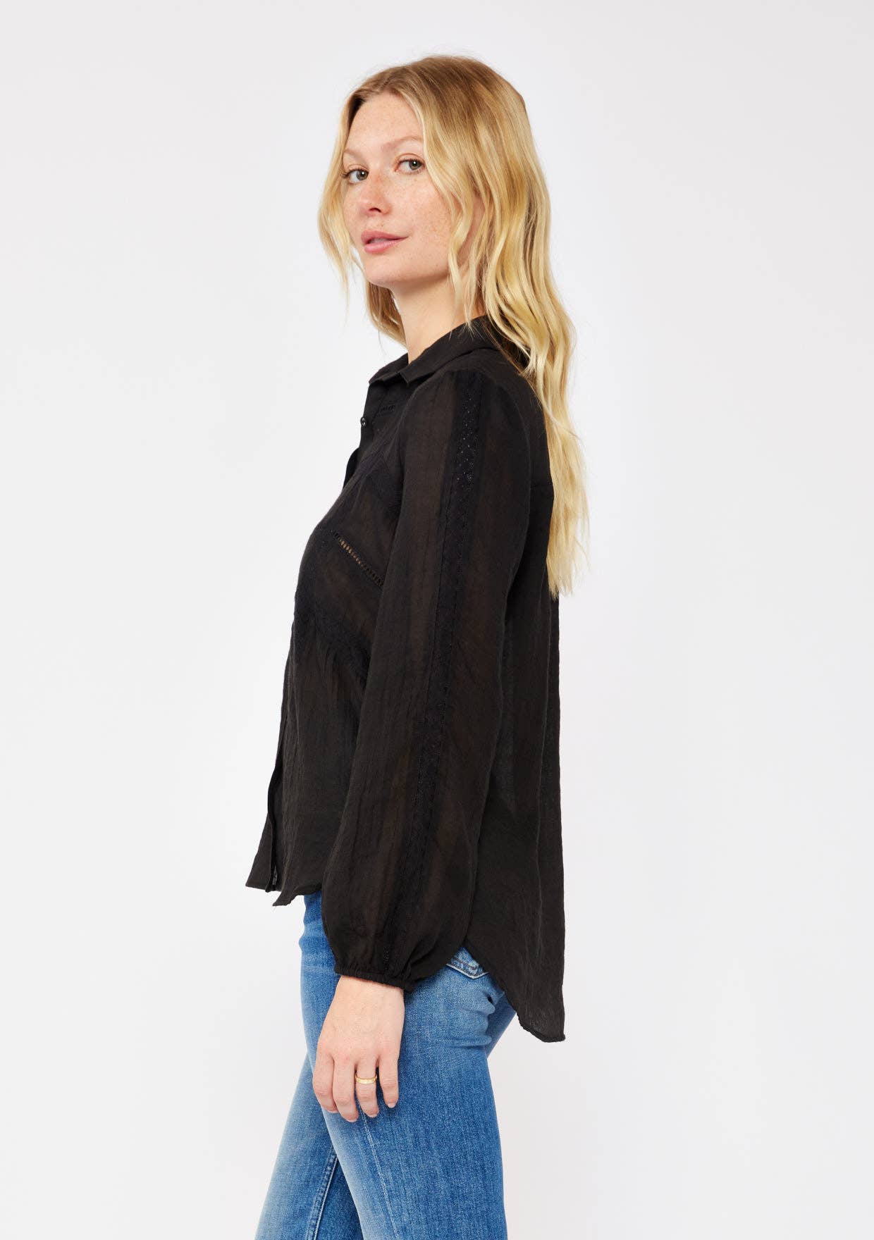 Crinkled Lace Long Sleeve Button Down Blouse