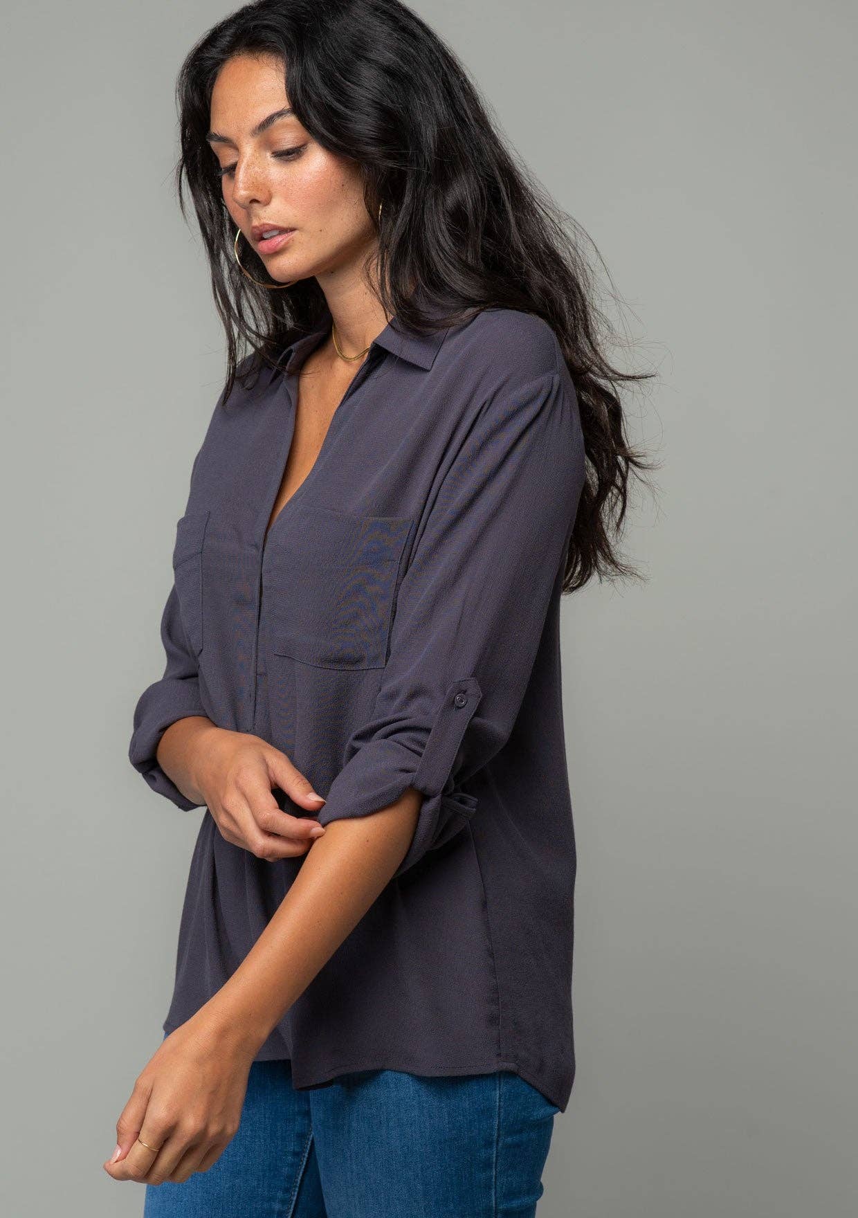 Collared Roll-Up Long Sleeve Button Front Blouse