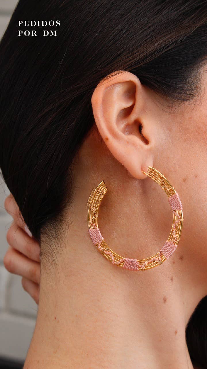 Handwoven Wire and Cord Sideview Hoop Earrings (Pink)