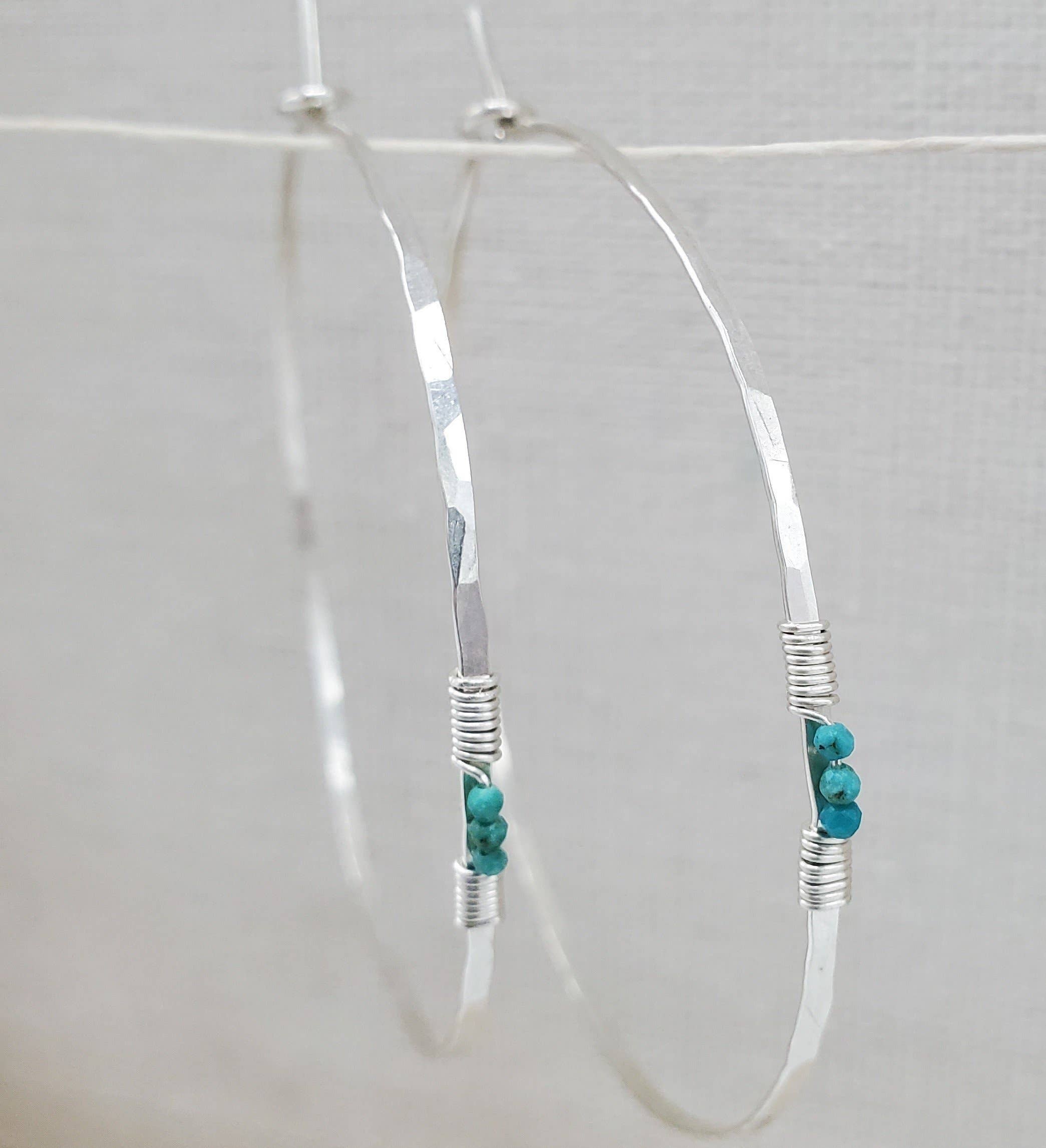 Turquoise Detail Hammered Silver Hoop Earrings