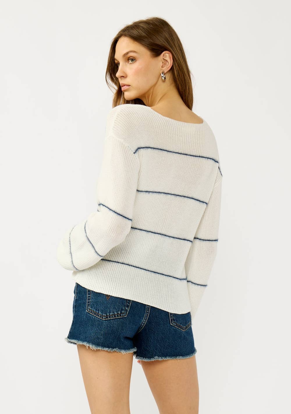 V Neck Fuzzy Stripe Sweater