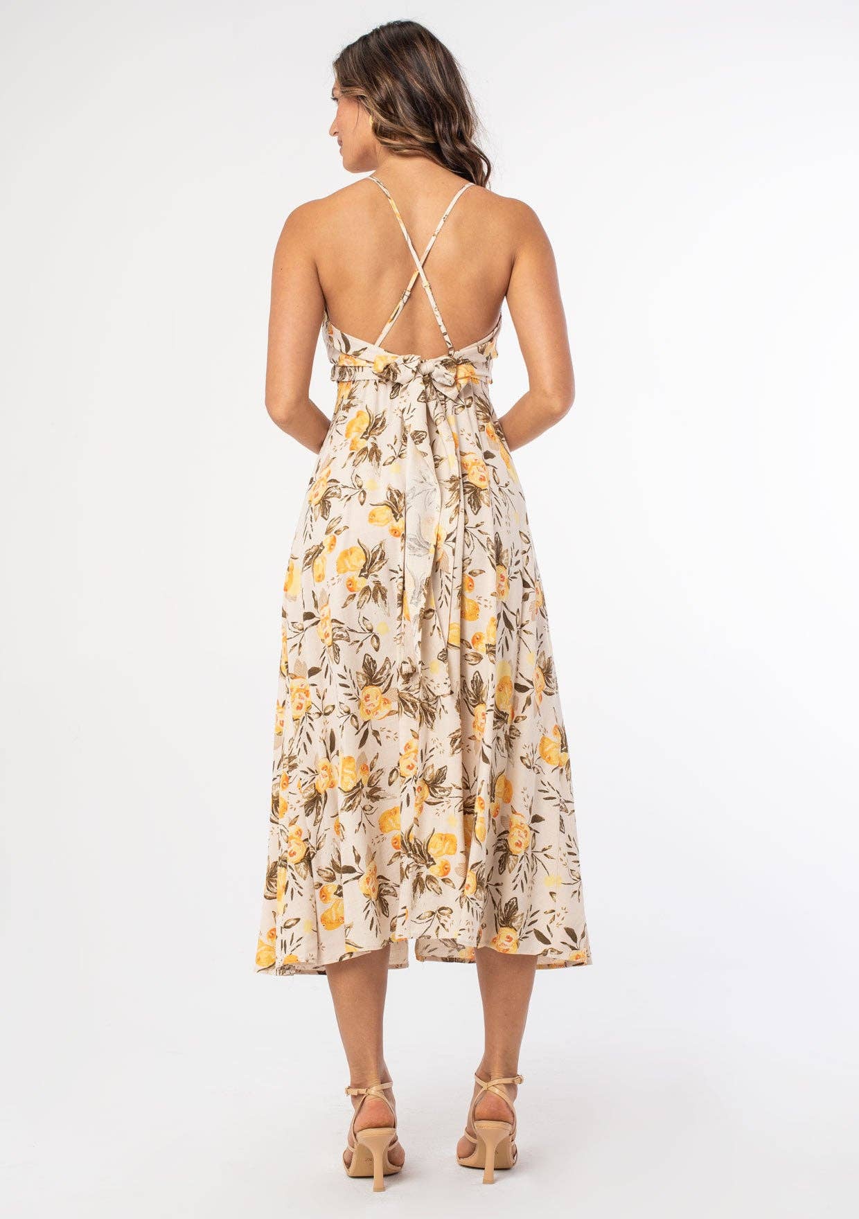 Linen Blend Cross Back Surplice Midi Dress